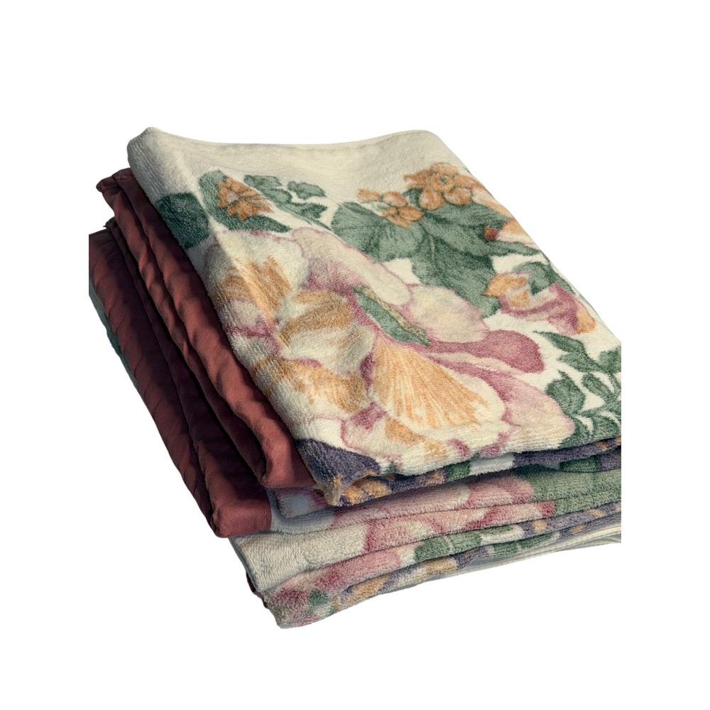 VTG Bath Towels Floral Pink Purple Orange‎ Cream Botanical Garden Set of 3 Retro